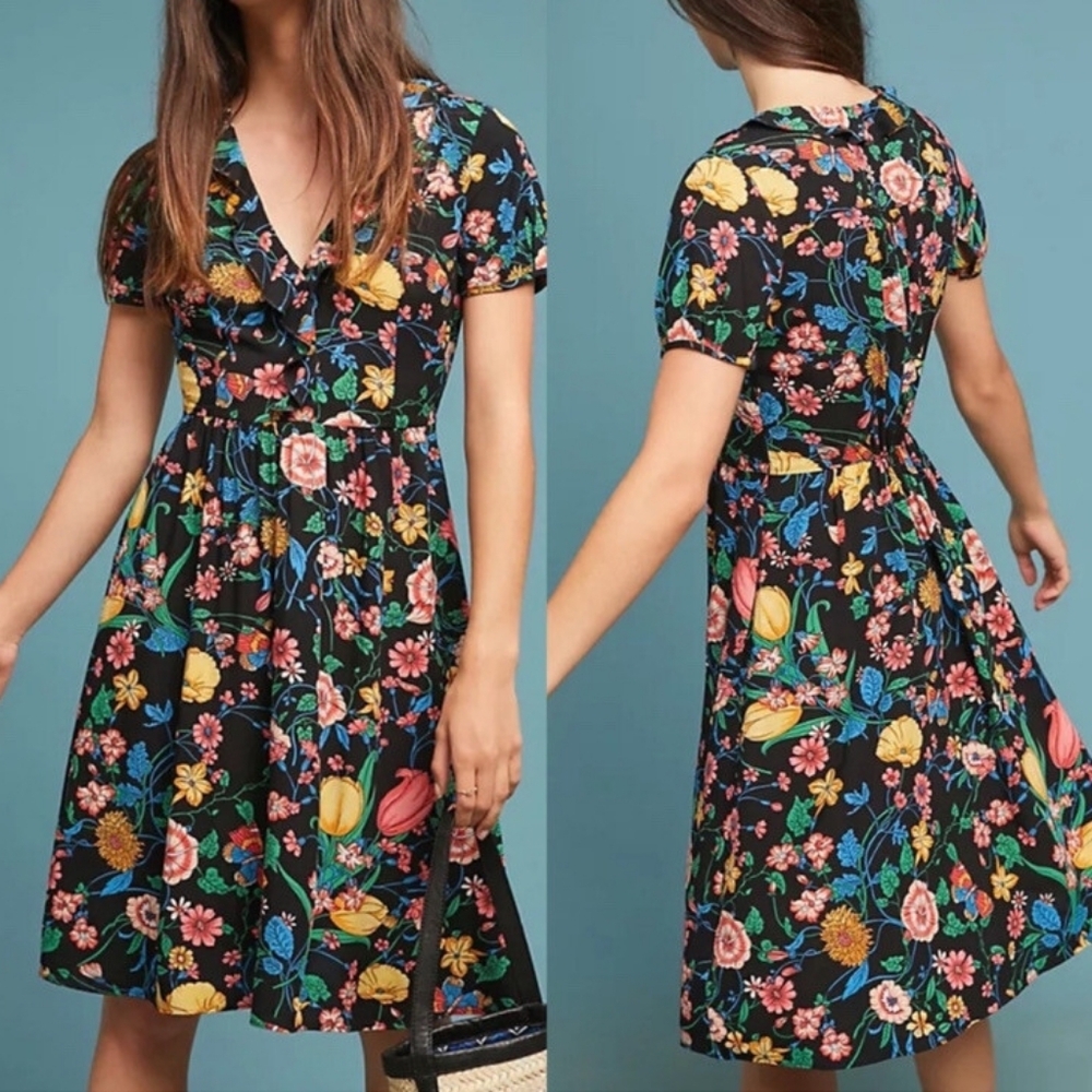 Floral Fit-and-Flare Dress in Black with Multicolor Blooms